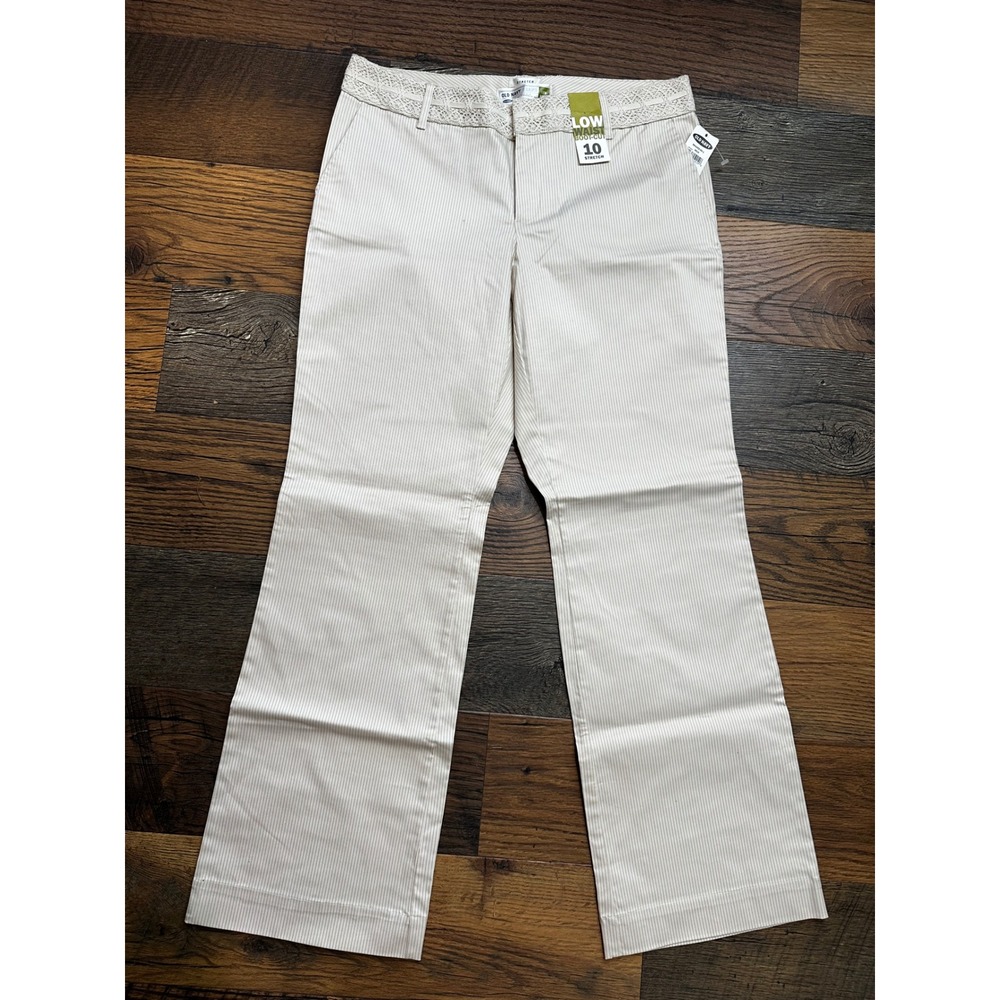 Old Navy Womens Low Waist Bootcut Pinstripe Pants Crochet Lace Trim Tan Cream 10